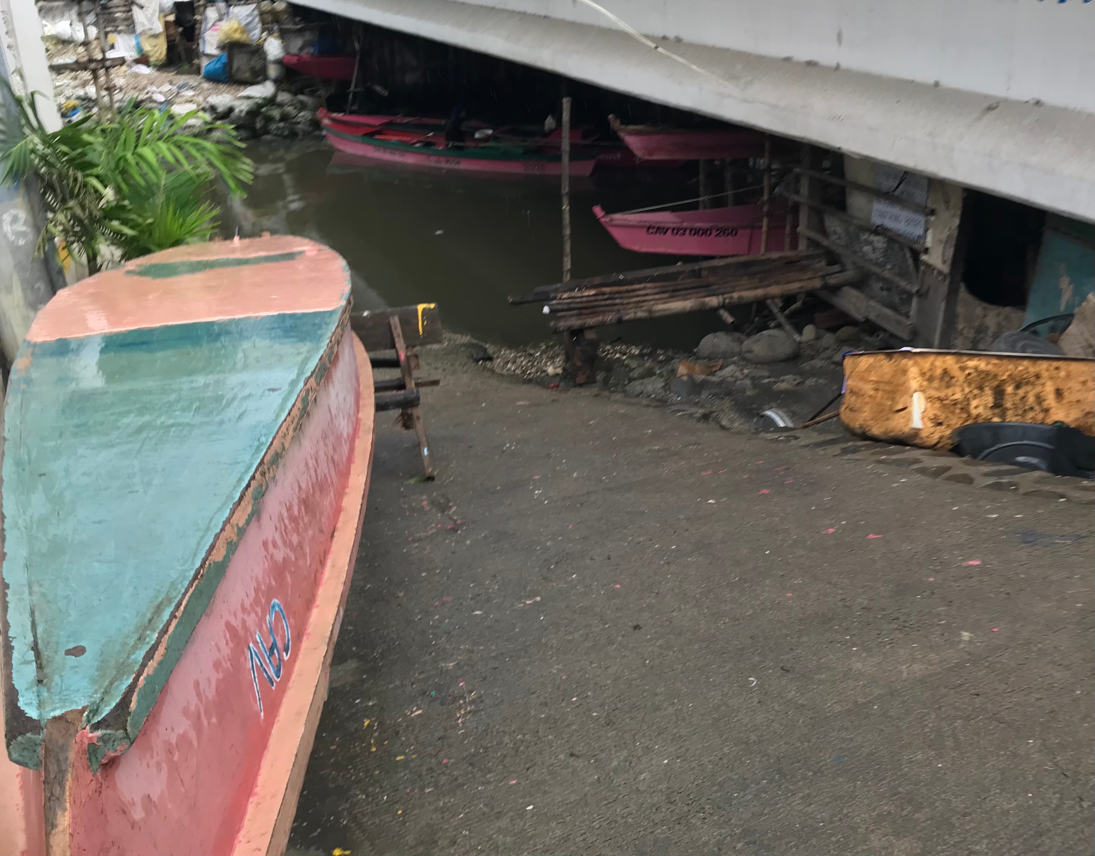 Mga nakahilerang kulay-rosas na bangka ng mga magtatahong sa ilalim ng Malamok Bridge. (Palm Krislyn Balugo/Philippine Collegian)